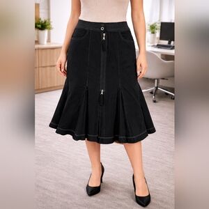 Miss Kelly Black Flared A-Line Skirt Size 8 Zip Front Career Midi